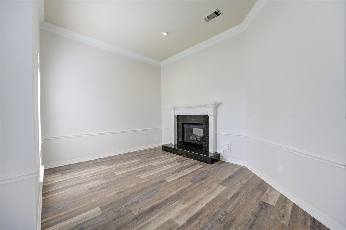 Empty room, Fireplace, Interior, Recessed Lighting, Wood Texture Flooring