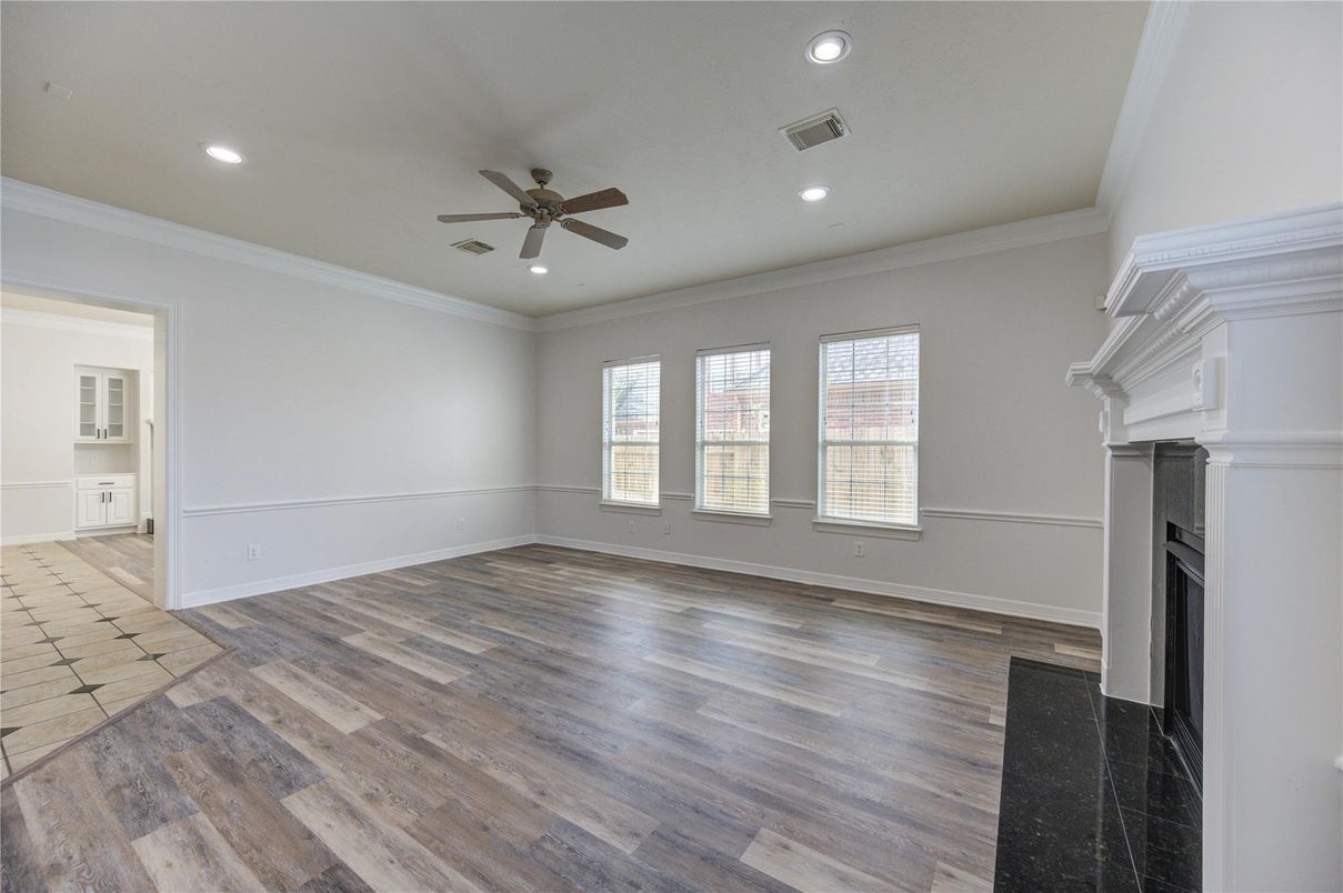 Empty room, Fireplace, Interior, Recessed Lighting, Wood Texture Flooring