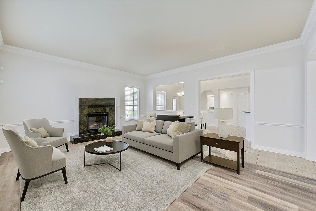 Dining room, Fireplace, Interior, Living room, Wood Texture Flooring
