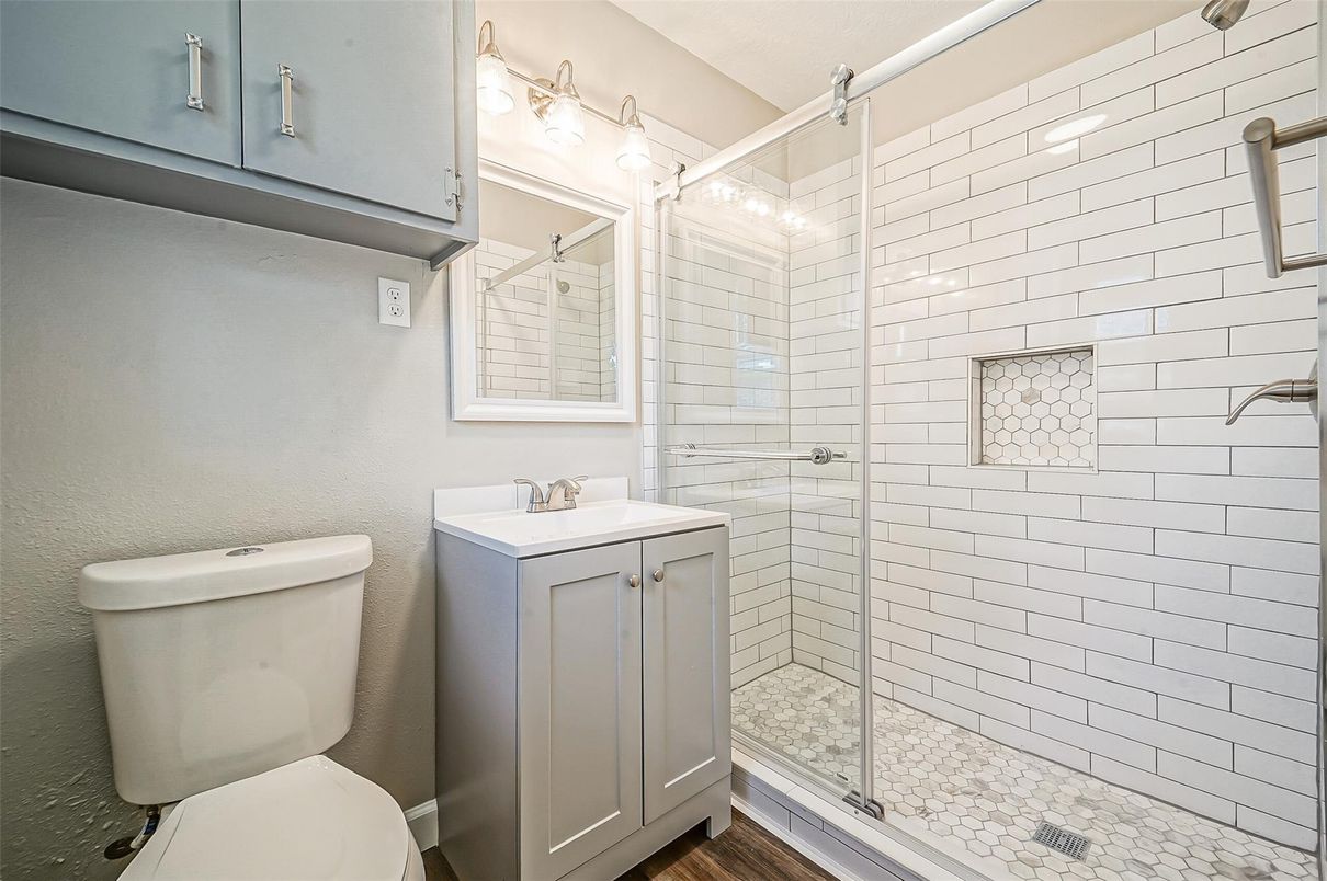 Bathroom, Glass Shower, Interior, Wood Texture Flooring