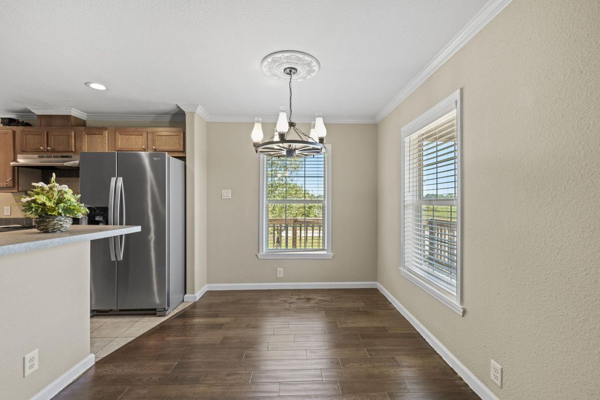 Chandelier, Interior, Kitchen, Recessed Lighting, Stainless Steel Appliances, Wood Texture Flooring
