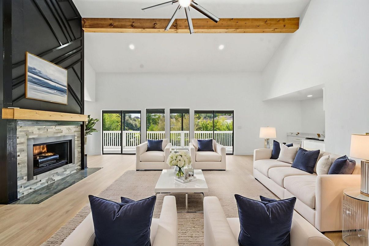 Fireplace, Interior, Living room, Recessed Lighting, Wooden Beams, Wood Texture Flooring