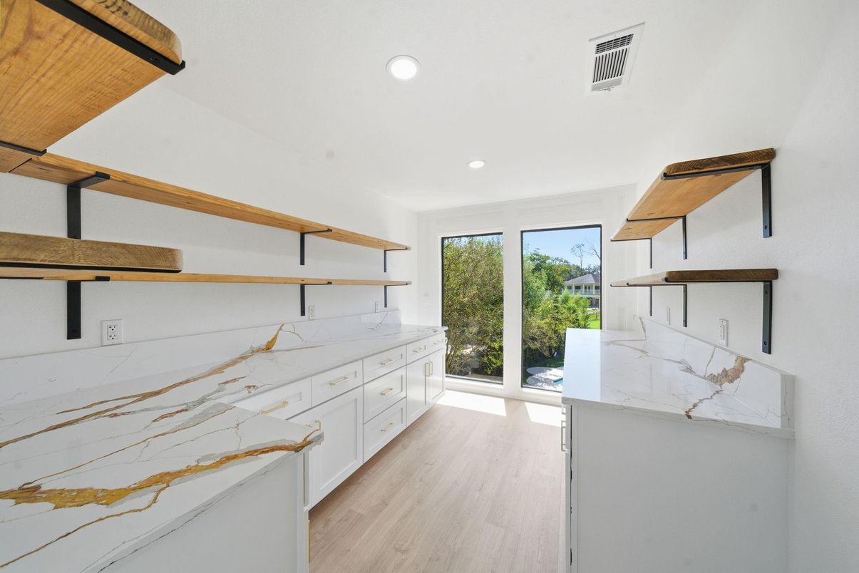 Interior, Marble Walls, Recessed Lighting, Wood Texture Flooring