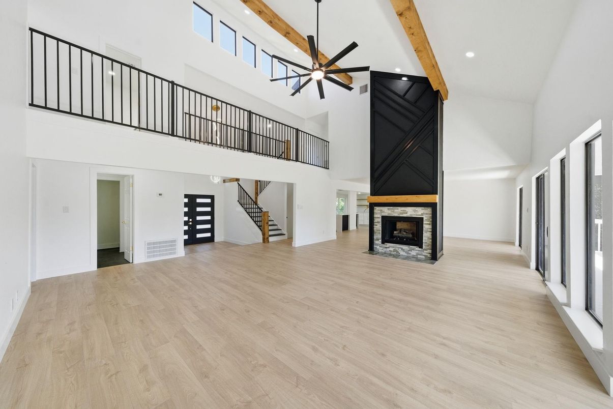 Fireplace, Interior, Recessed Lighting, Wooden Beams, Wood Texture Flooring