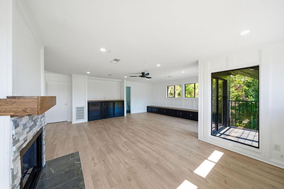 Empty room, Fireplace, Interior, Recessed Lighting, Wood Texture Flooring