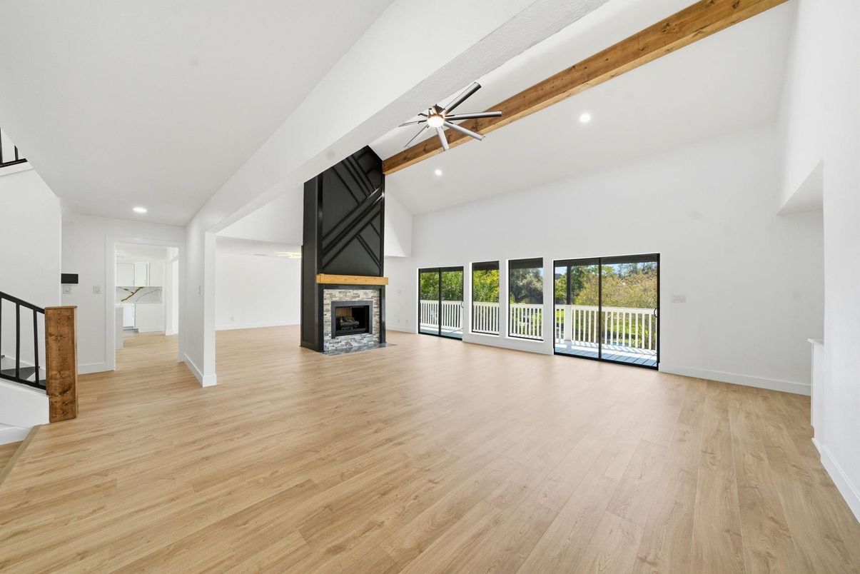 Empty room, Fireplace, Interior, Recessed Lighting, Wooden Beams, Wood Texture Flooring