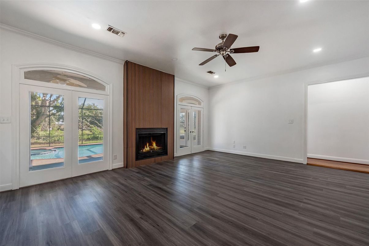 Empty room, Fireplace, Interior, Recessed Lighting, Wood Texture Flooring