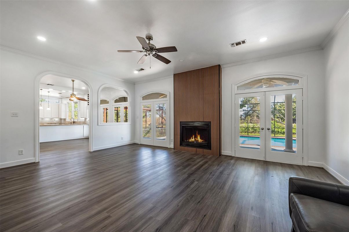 Empty room, Fireplace, Interior, Pendant Lights, Recessed Lighting, Wood Texture Flooring