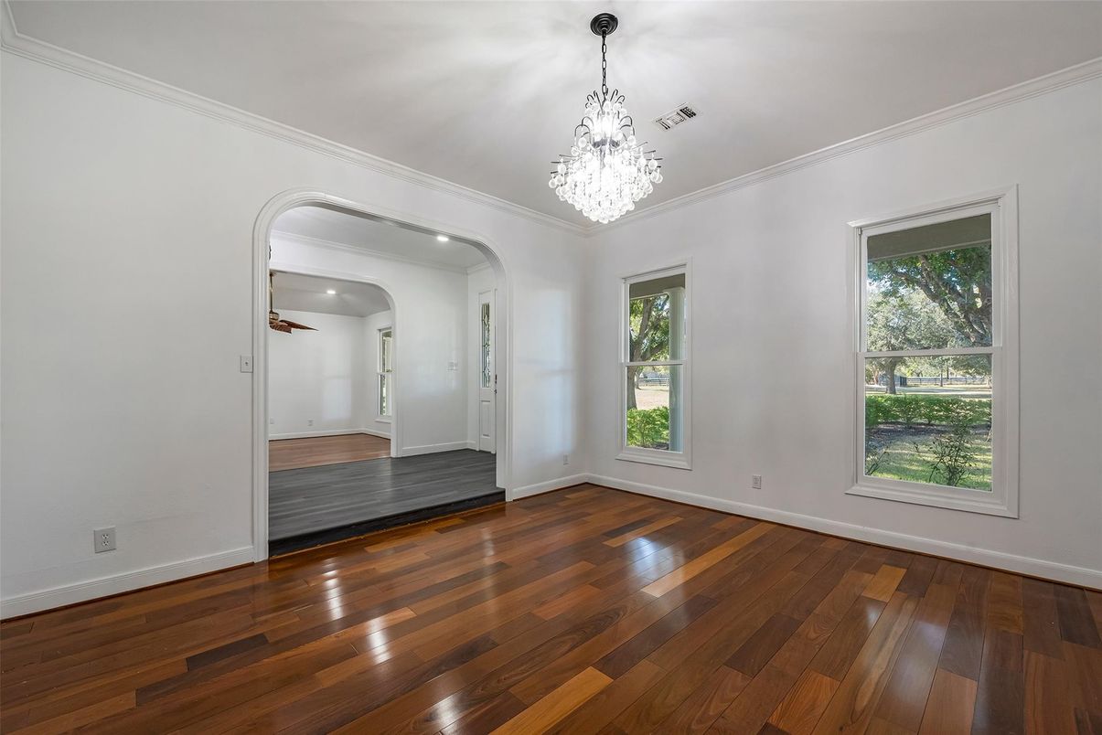 Chandelier, Empty room, Interior, Recessed Lighting, Wood Texture Flooring