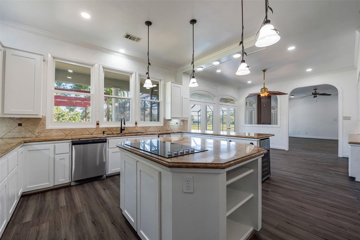 Interior, Kitchen, Pendant Lights, Recessed Lighting, Wood Texture Flooring