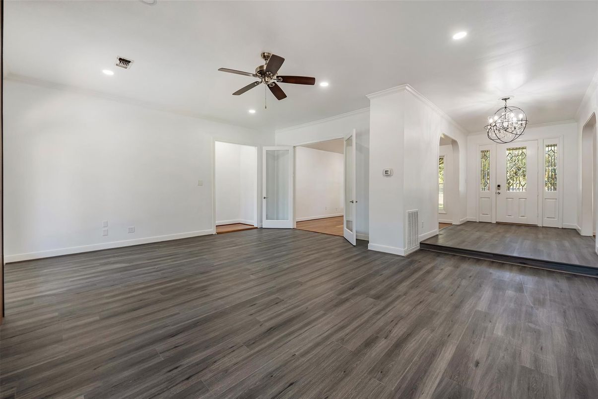 Chandelier, Empty room, Interior, Recessed Lighting, Wood Texture Flooring