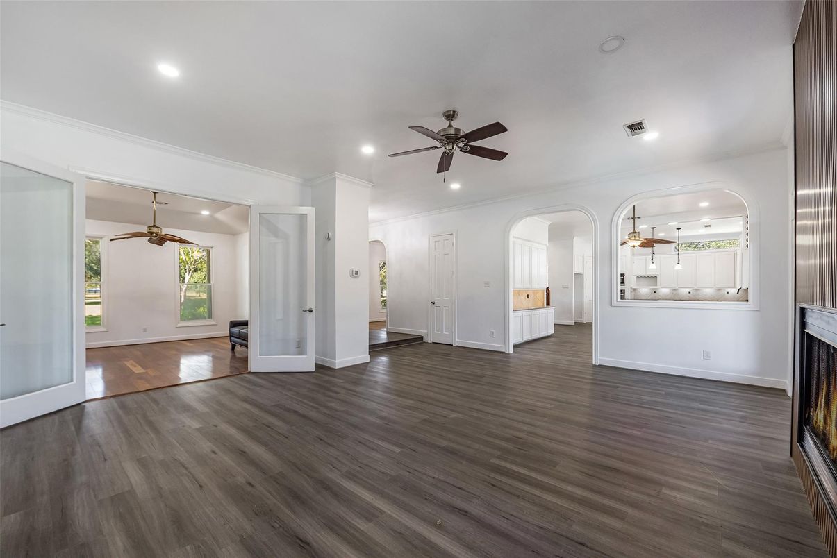 Empty room, Fireplace, Interior, Recessed Lighting, Wood Texture Flooring
