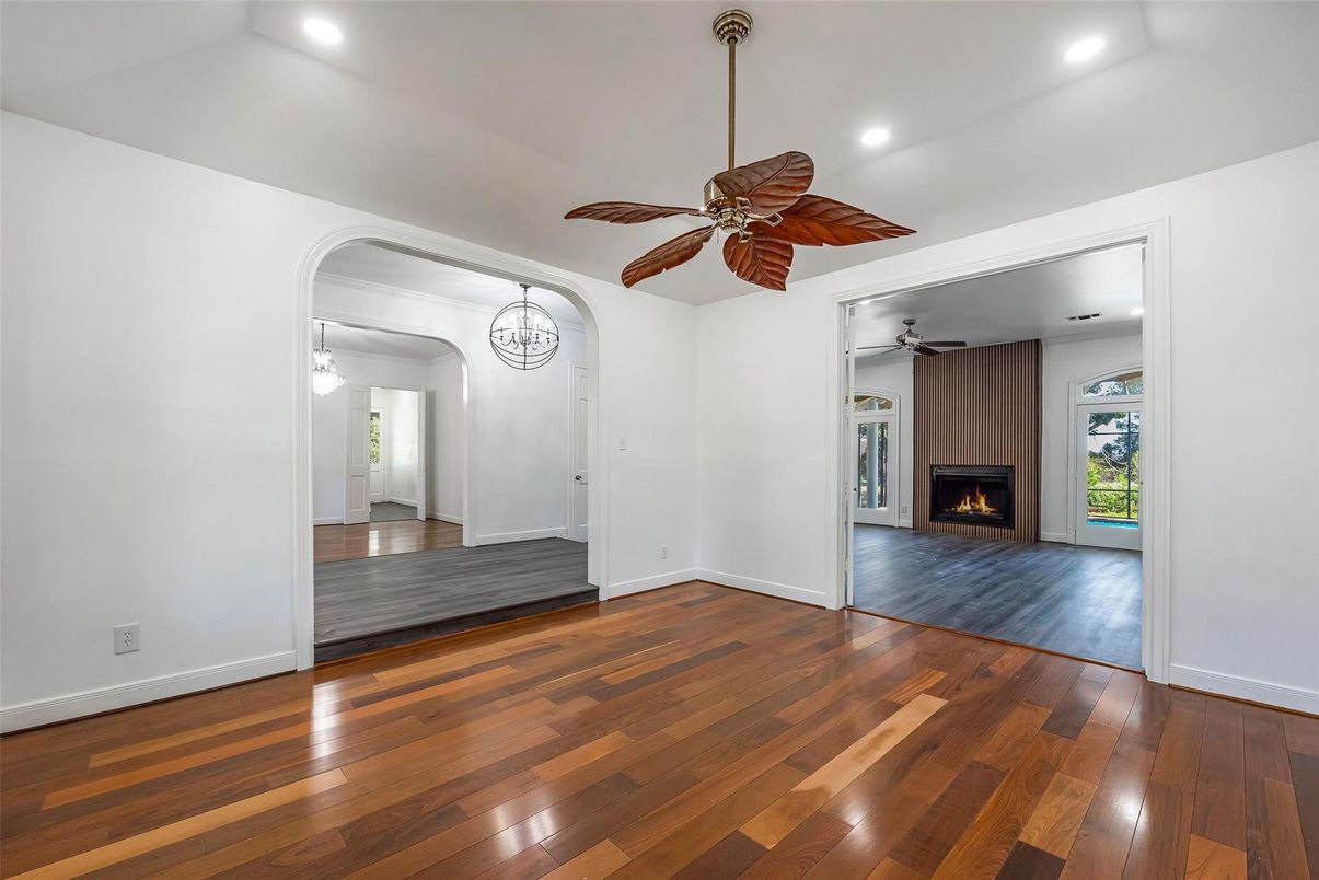 Empty room, Fireplace, Interior, Recessed Lighting, Wood Texture Flooring