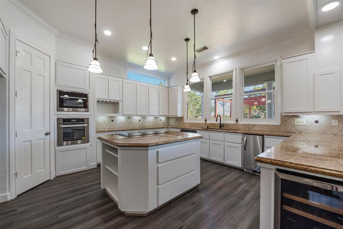 Interior, Kitchen, Pendant Lights, Recessed Lighting, Stainless Steel Appliances, Wood Texture Flooring