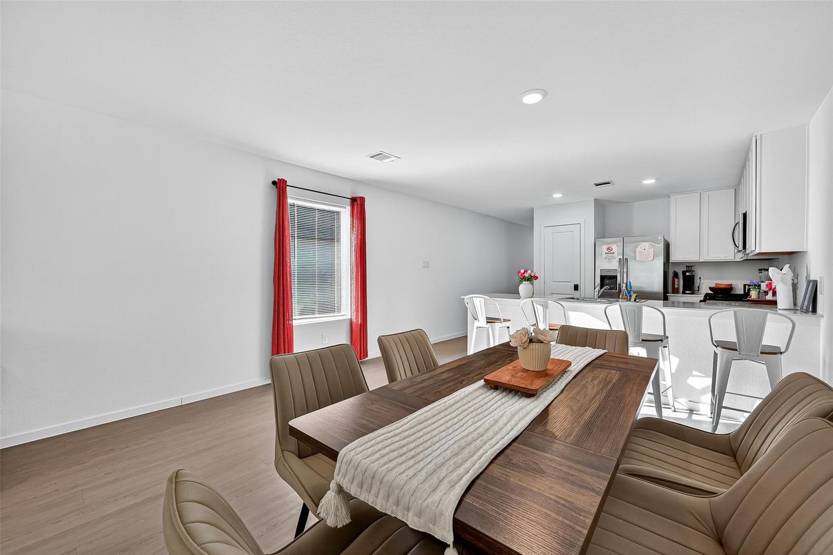 Dining room, Interior, Kitchen, Living room, Recessed Lighting, Wood Texture Flooring