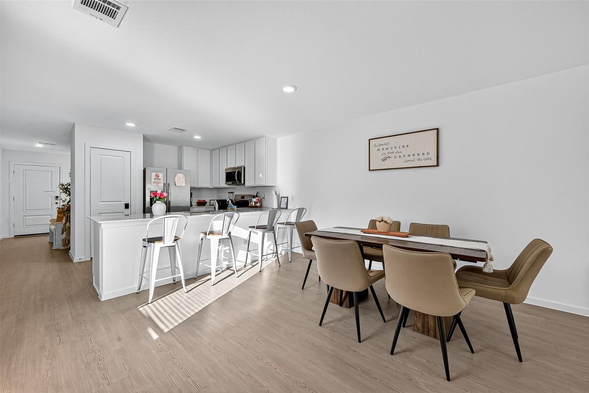 Dining room, Interior, Kitchen, Recessed Lighting, Wood Texture Flooring