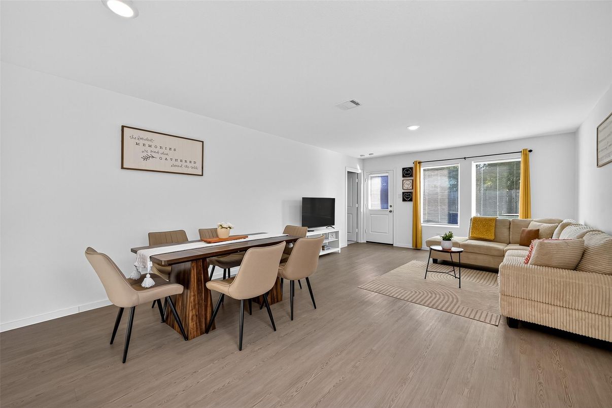 Dining room, Interior, Living room, Recessed Lighting, Wood Texture Flooring