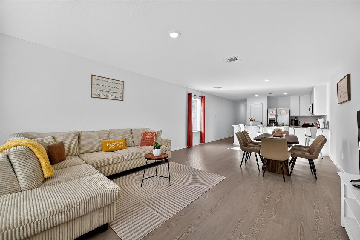 Dining room, Interior, Kitchen, Living room, Recessed Lighting, Wood Texture Flooring