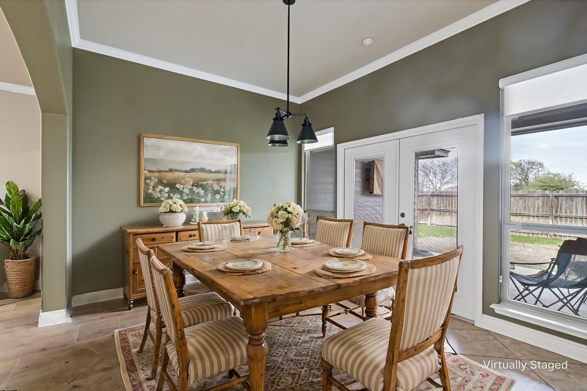 Dining room, Interior, Pendant Lights, Wood Texture Flooring