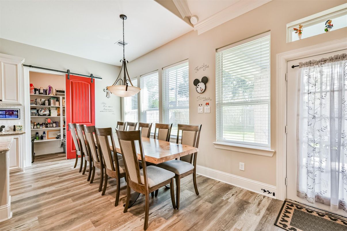Dining room, Interior, Pendant Lights, Wood Texture Flooring