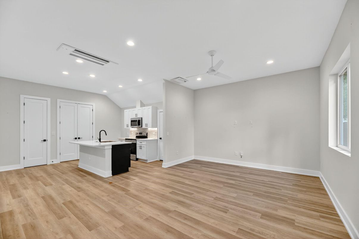 Empty room, Interior, Kitchen, Recessed Lighting, Wood Texture Flooring