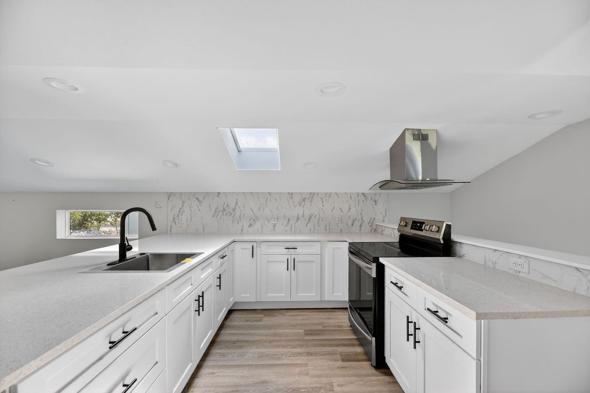 Interior, Kitchen, Marble Walls, Recessed Lighting, Wood Texture Flooring