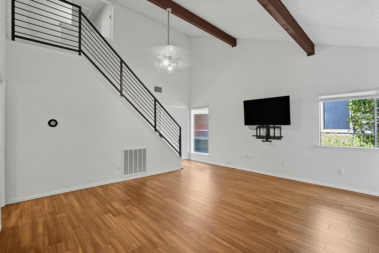 Empty room, Interior, Pendant Lights, Wooden Beams, Wood Texture Flooring