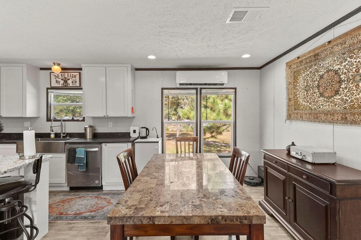 Dining room, Interior, Kitchen, Recessed Lighting, Wood Texture Flooring