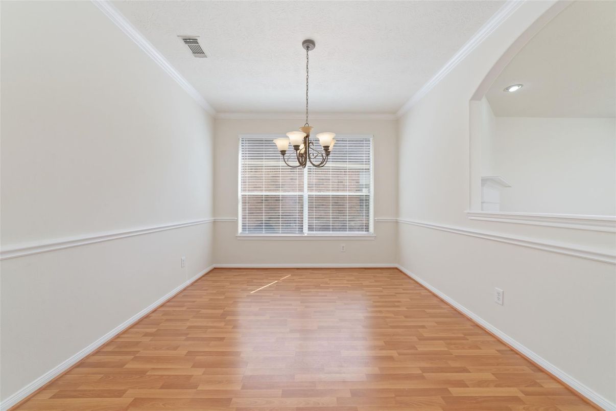 Chandelier, Empty room, Interior, Recessed Lighting, Wood Texture Flooring