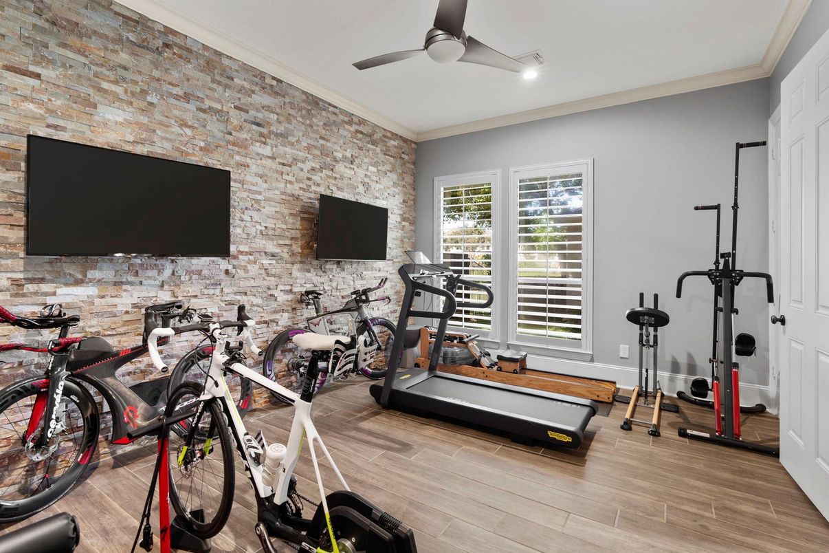 Fitness Equipment, Interior, Recessed Lighting, Stone Walls, Wood Texture Flooring