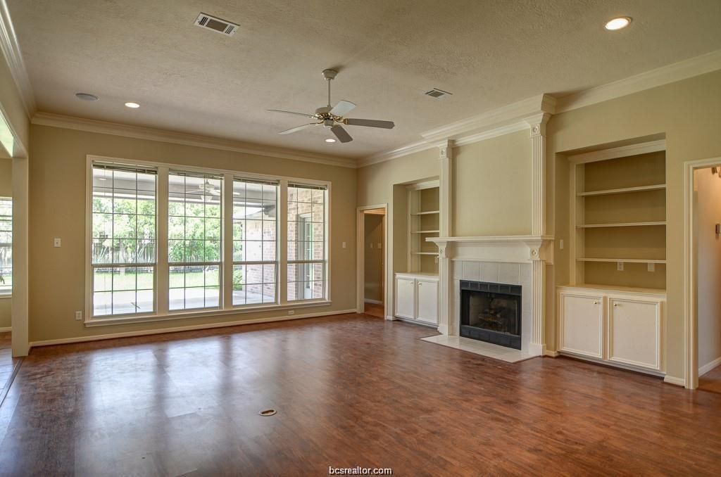 Empty room, Fireplace, Interior, Recessed Lighting, Wood Texture Flooring