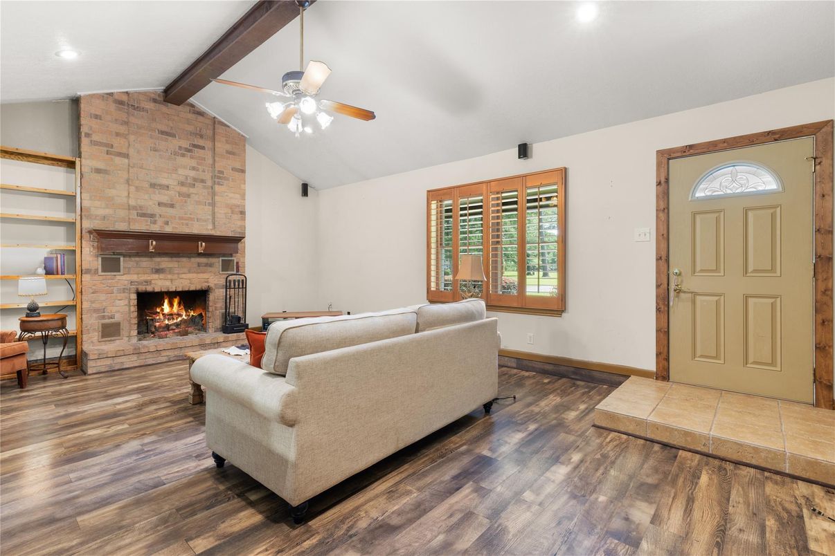 Fireplace, Interior, Living room, Recessed Lighting, Stone Walls, Wooden Beams, Wood Texture Flooring