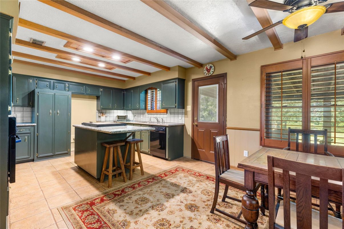 Dining room, Interior, Kitchen, Recessed Lighting, Wooden Beams