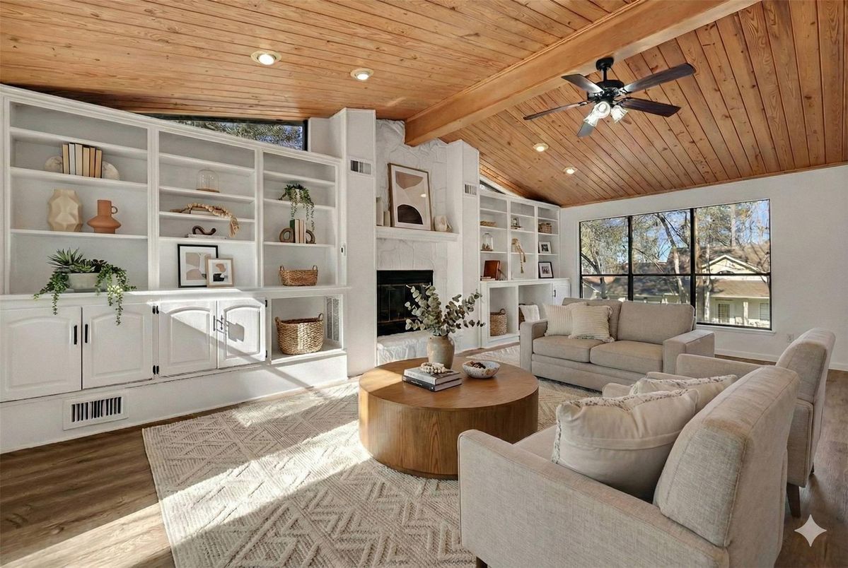 Fireplace, Interior, Living room, Recessed Lighting, Wooden Beams, Wooden Ceilings, Wood Texture Flooring