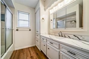 Bathroom, Glass Shower, Interior, Wood Texture Flooring