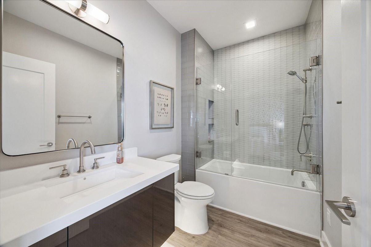 Bathroom, Glass Shower, Interior, Recessed Lighting, Wood Texture Flooring