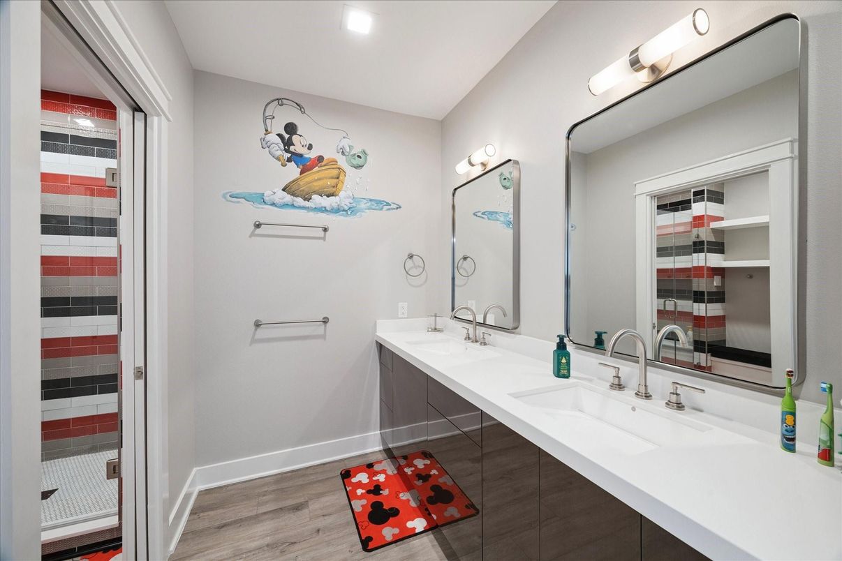 Bathroom, Dual Sink Vanities, Interior, Recessed Lighting, Wood Texture Flooring