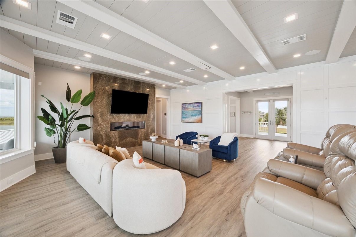 Fireplace, Interior, Living room, Recessed Lighting, Wood Texture Flooring