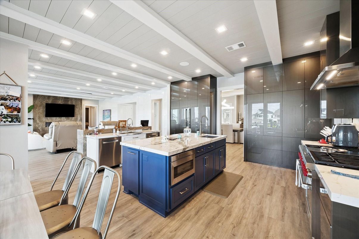 Interior, Kitchen, Living room, Recessed Lighting, Stainless Steel Appliances, Wood Texture Flooring