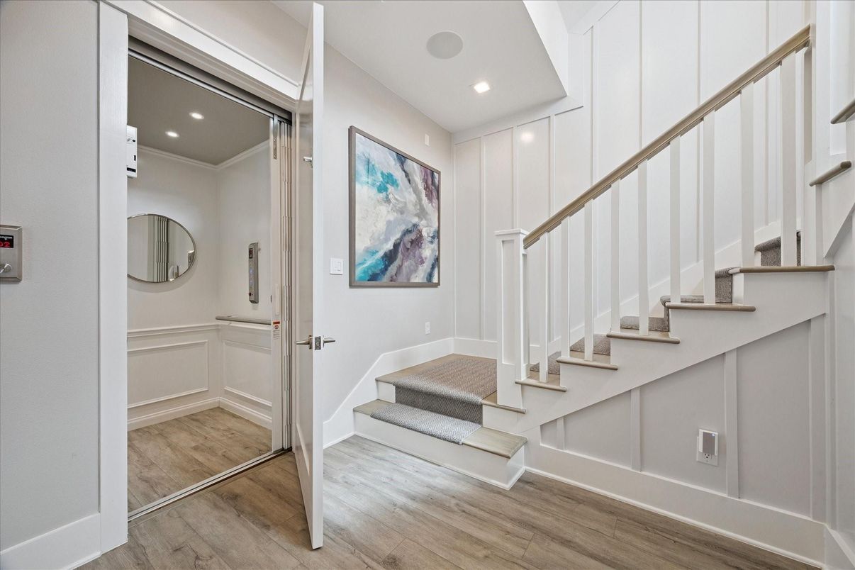 Elevator, Interior, Recessed Lighting, Wood Texture Flooring