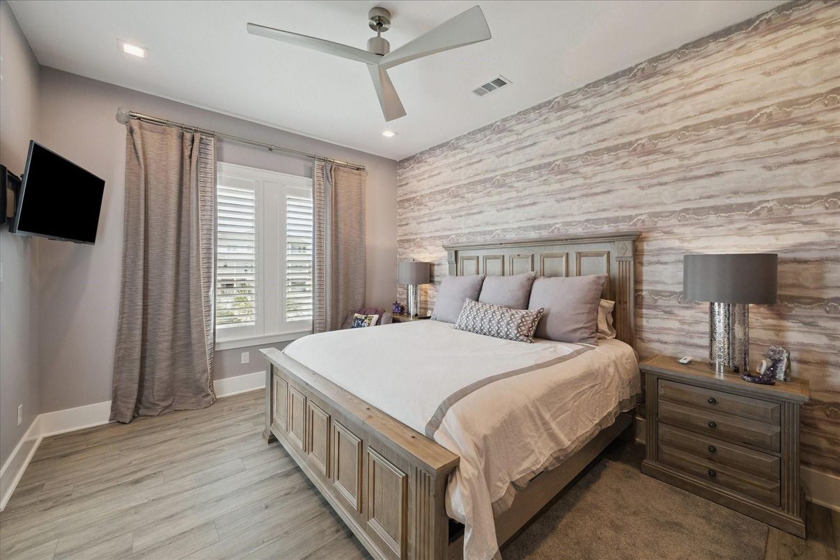 Bedroom, Interior, Recessed Lighting, Wood Texture Flooring, Wooden Walls