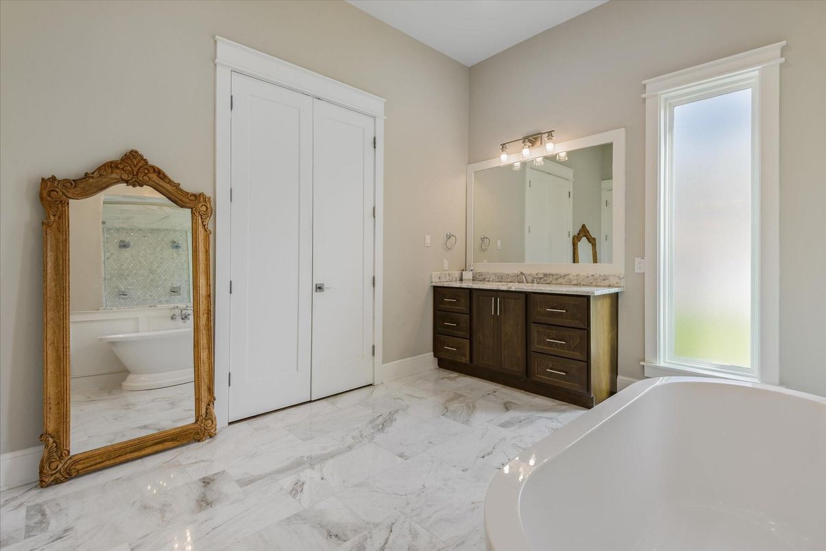 Bathroom, Dual Sink Vanities, Free Standing Baths, Interior, Marble