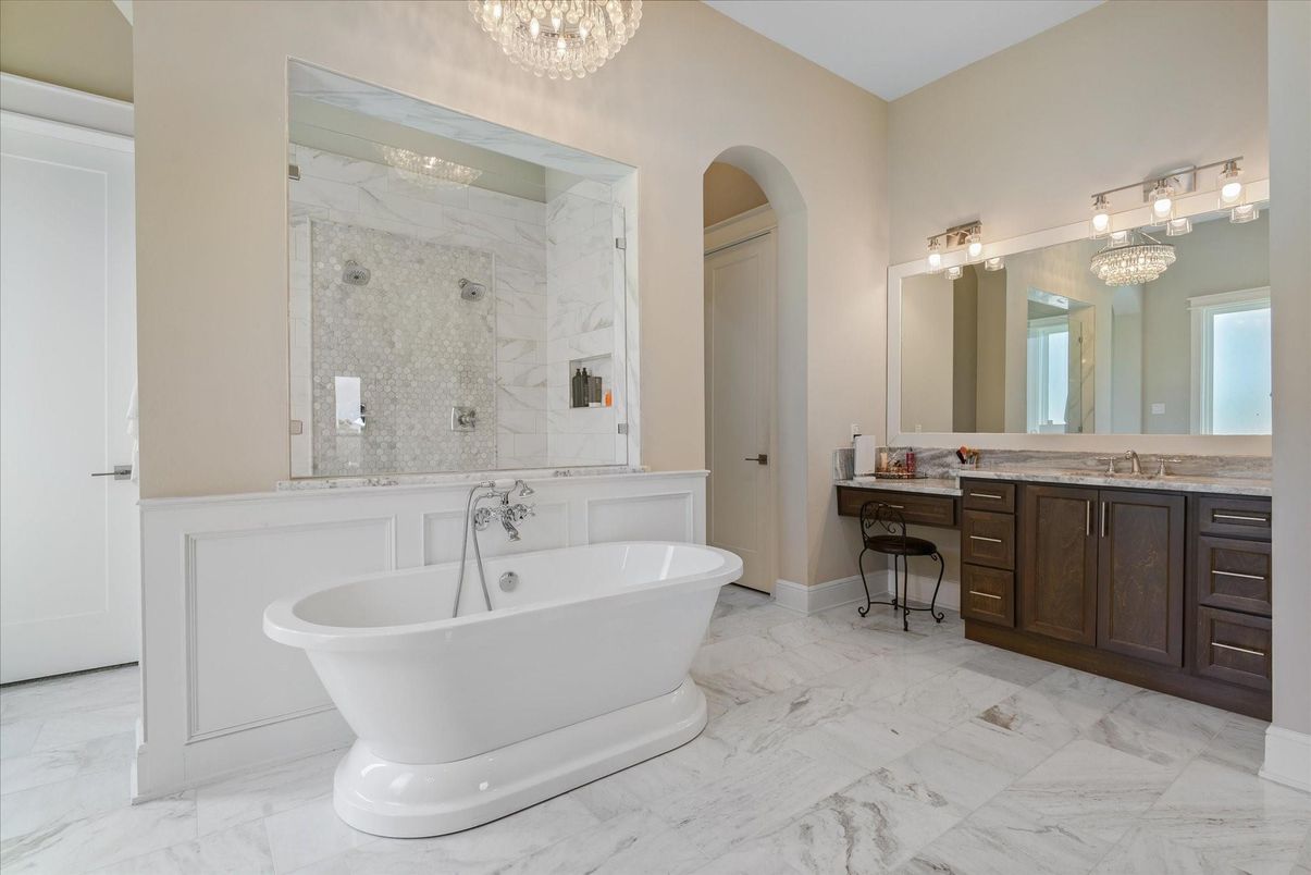 Bathroom, Chandelier, Free Standing Baths, Interior, Marble, Marble Walls