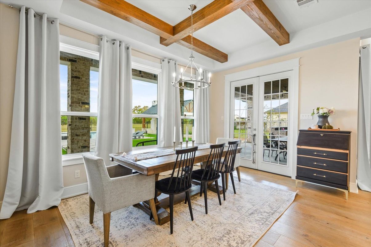 Dining room, Interior, Pendant Lights, Wooden Beams, Wood Texture Flooring