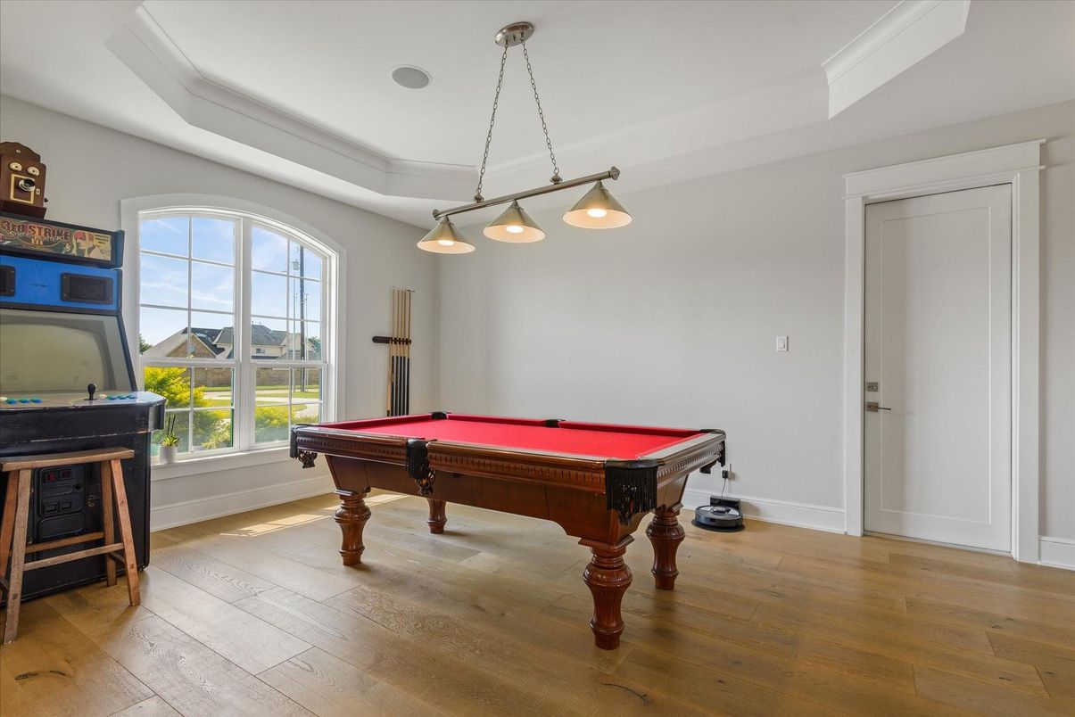 Billiard Table, Chandelier, Game Room, Interior, Pendant Lights, Wood Texture Flooring