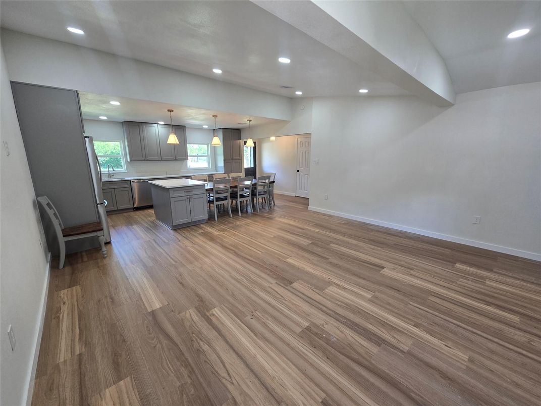 Dining room, Interior, Kitchen, Pendant Lights, Recessed Lighting, Wood Texture Flooring