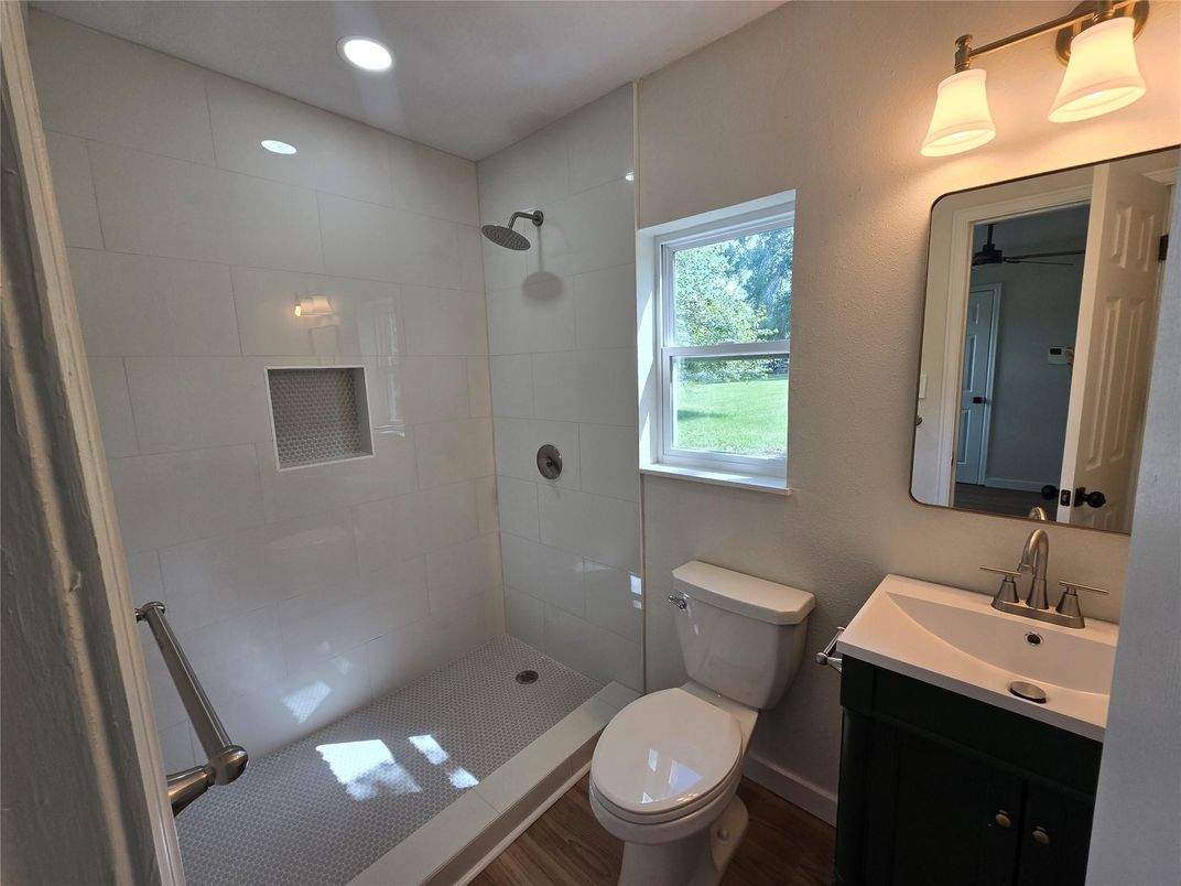 Bathroom, Glass Shower, Interior, Recessed Lighting, Wood Texture Flooring