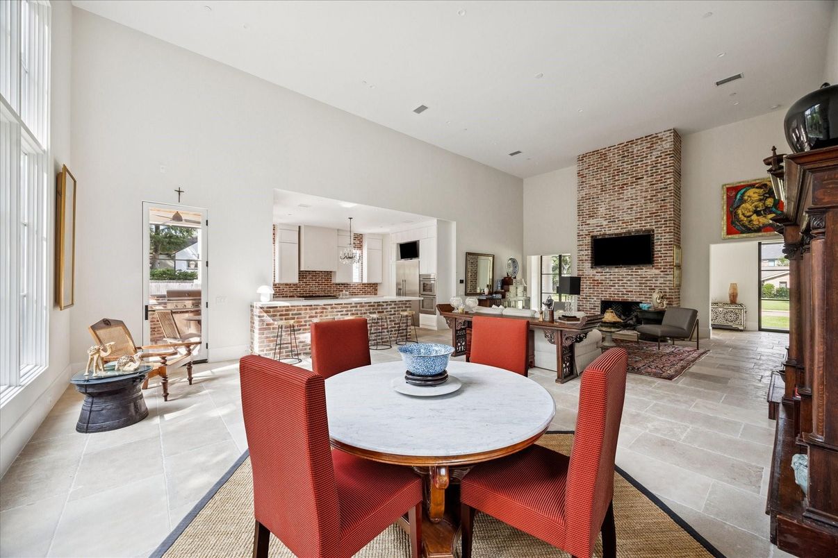 Dining room, Fireplace, Interior, Living room, Recessed Lighting, Stone Walls