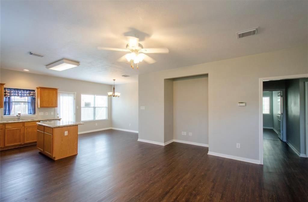 Chandelier, Empty room, Interior, Kitchen, Recessed Lighting, Wood Texture Flooring