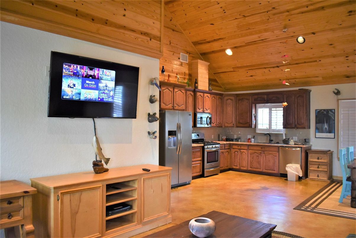 Interior, Kitchen, Recessed Lighting, Stainless Steel Appliances, Wooden Ceilings, Wood Texture Flooring